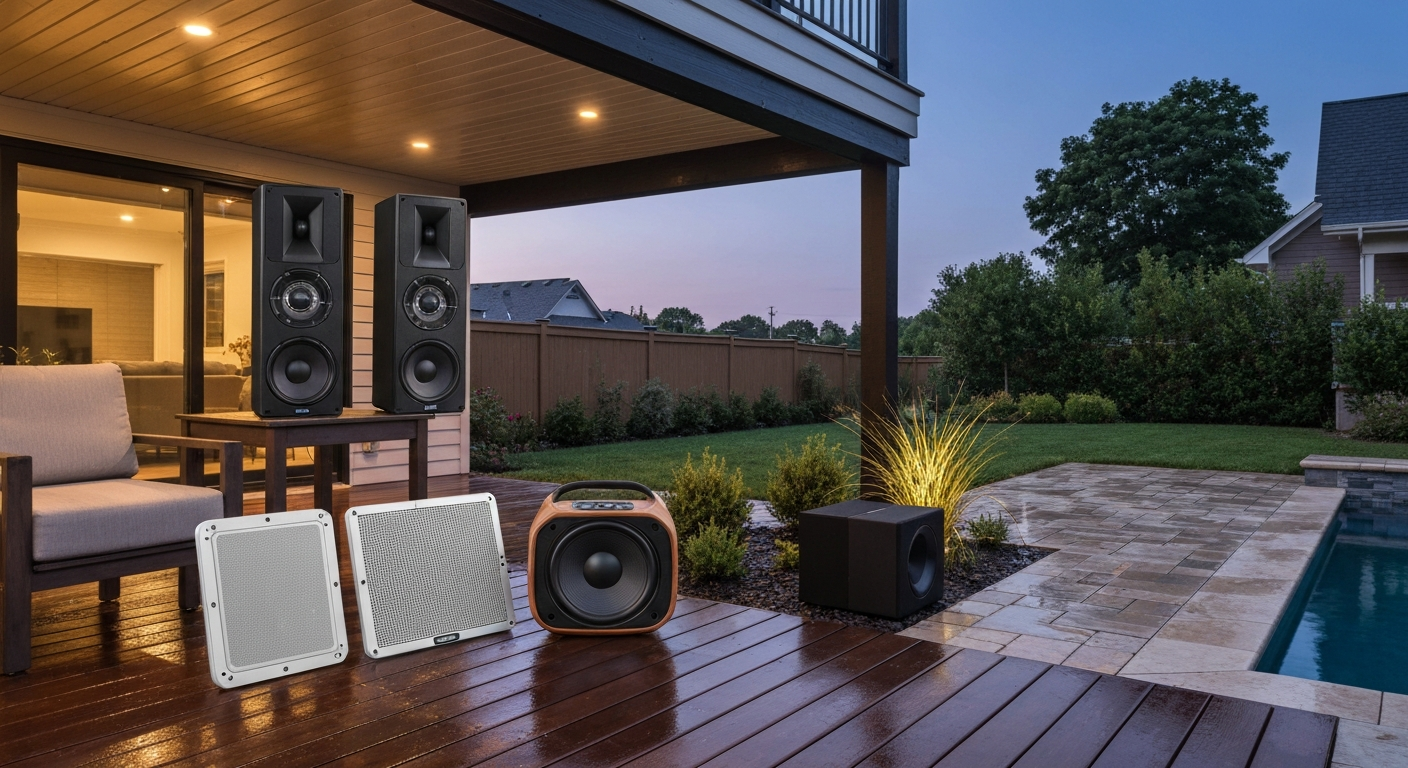 Backyard patio at dusk showing mounted weatherproof surface speakers on a covered deck, a portable Bluetooth speaker on a table, and a buried in-ground sub near landscaping — illustrating common patio speaker setups.