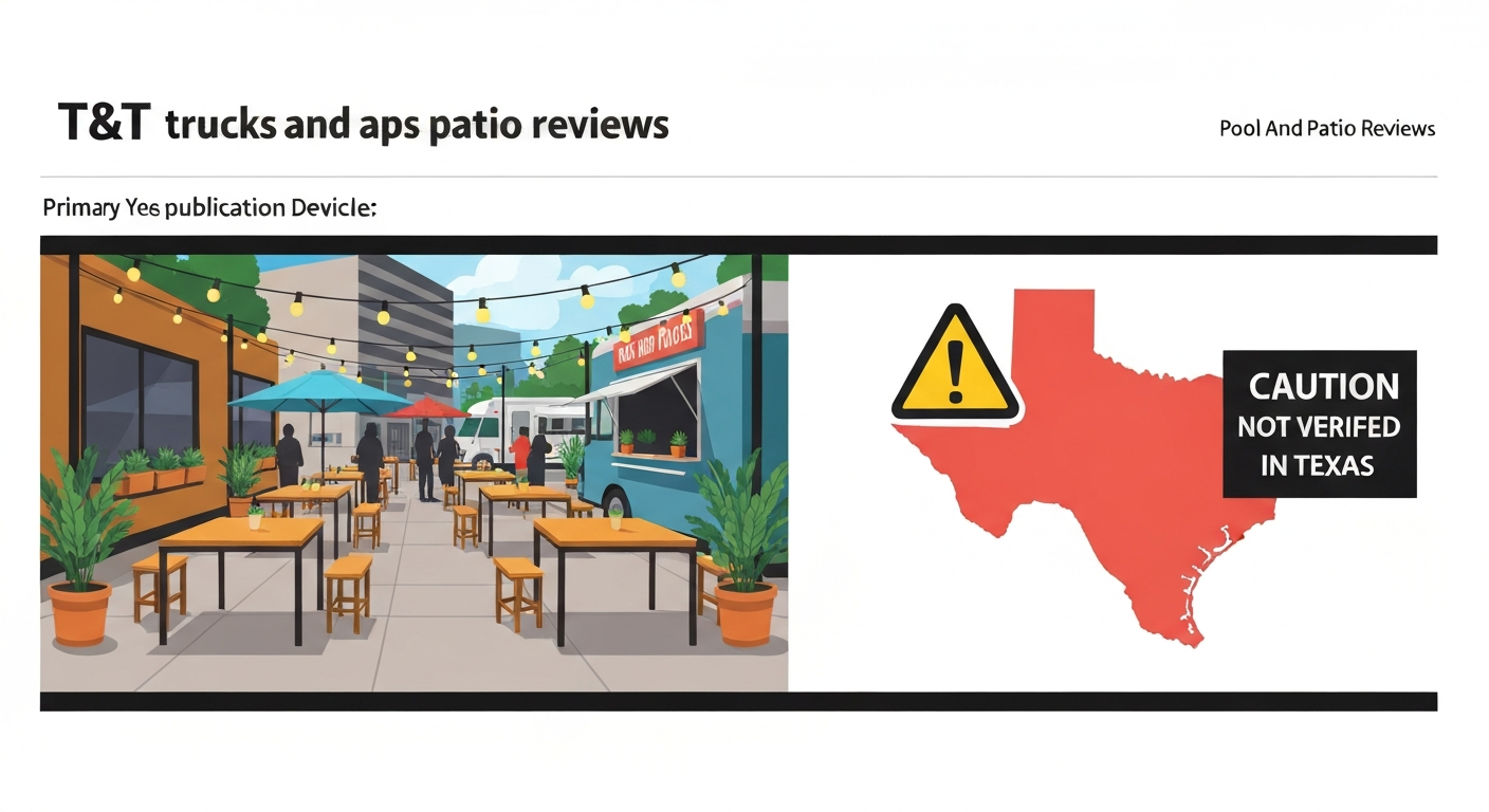 Split illustration: a food-truck patio scene alongside a stylized Texas map marked with a 'Not verified in Texas' warning.