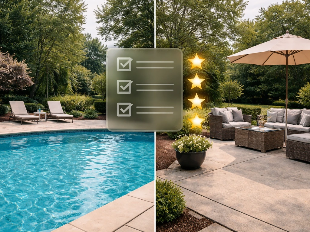 Split view of a backyard pool and patio with a subtle checklist and star icons overlay.