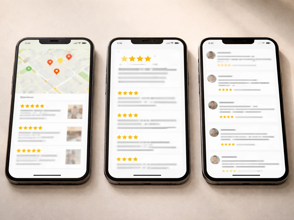 Minimal collage showing three review platforms on a phone: Google, Yelp, and a social media thread for a local contracto