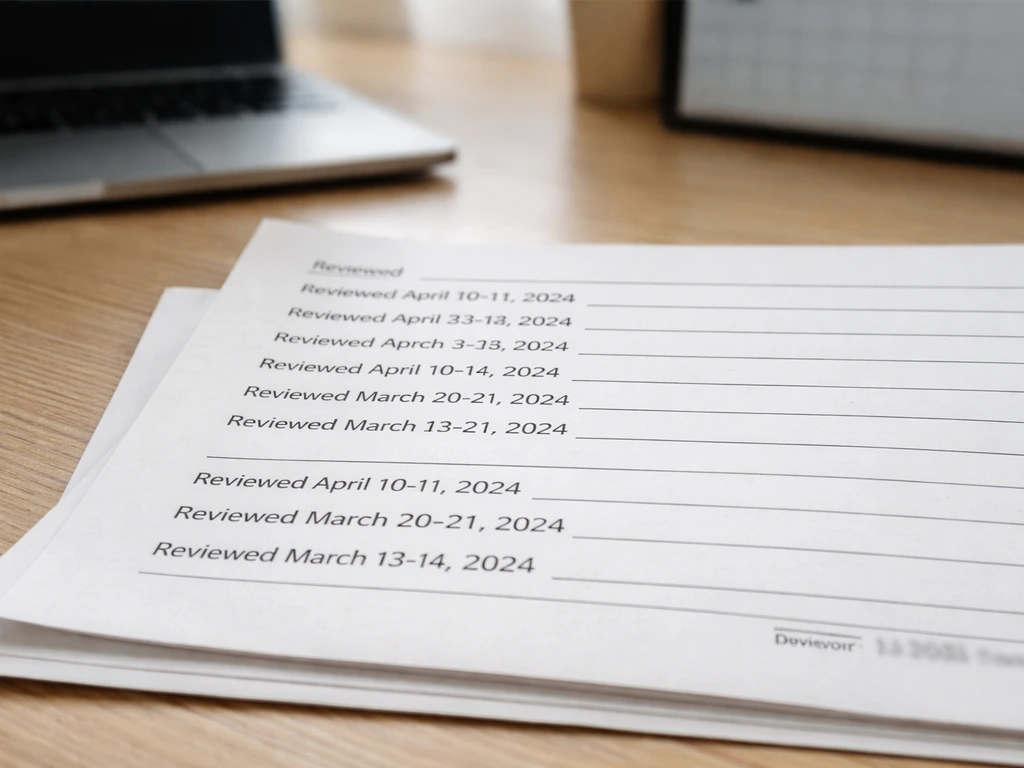 Close-up of two review pages on a wooden desk with a small timestamp and project timeline pattern.