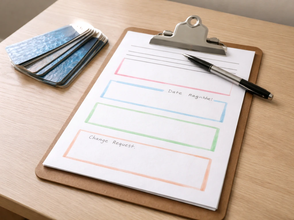 Contractor quote and checklist on a clipboard with underlined sections and a pen on a patio work desk.