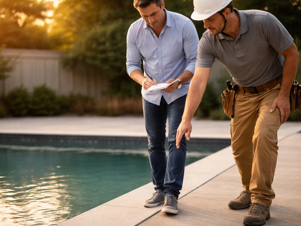 Homeowner and contractor inspecting a completed pool deck, pointing out finish quality while walking together with a not