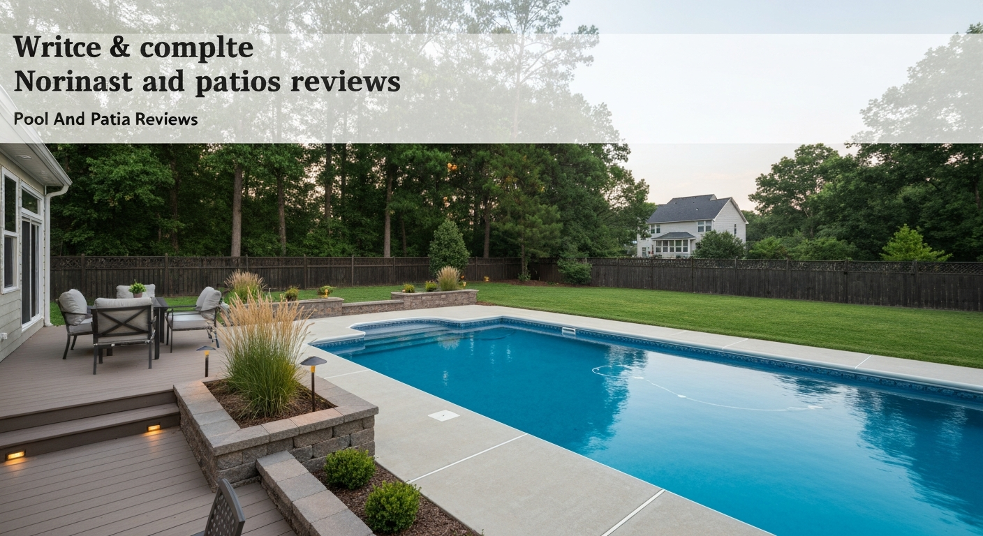 Wide view of a finished fiberglass pool and concrete patio in a suburban backyard, showing clear water, patio seating, and modest hardscape features in daylight.