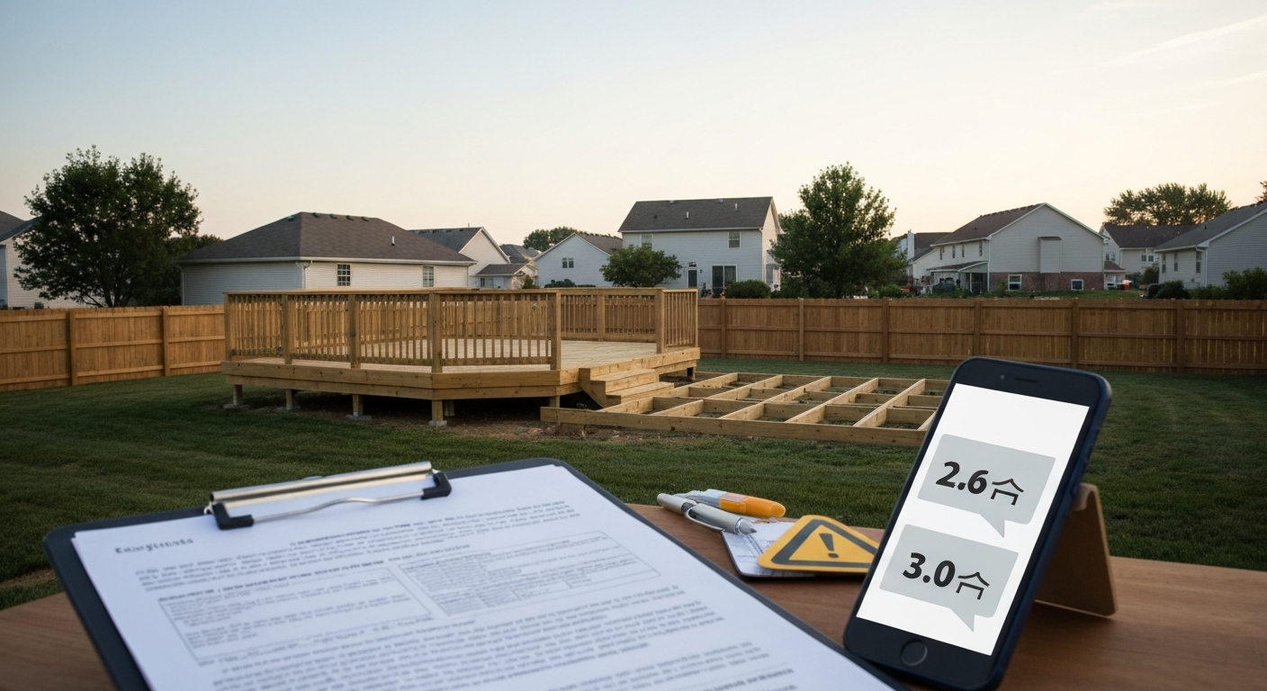 Suburban backyard with a partially built deck and fence; contractor clipboard and smartphone in foreground showing generic review star overlays and a small warning icon.
