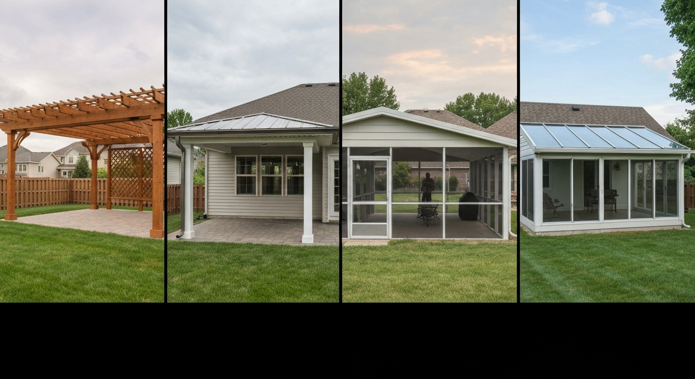 Backyard scene showing a pergola, insulated panel cover, screened room, and glass sunroom side-by-side.