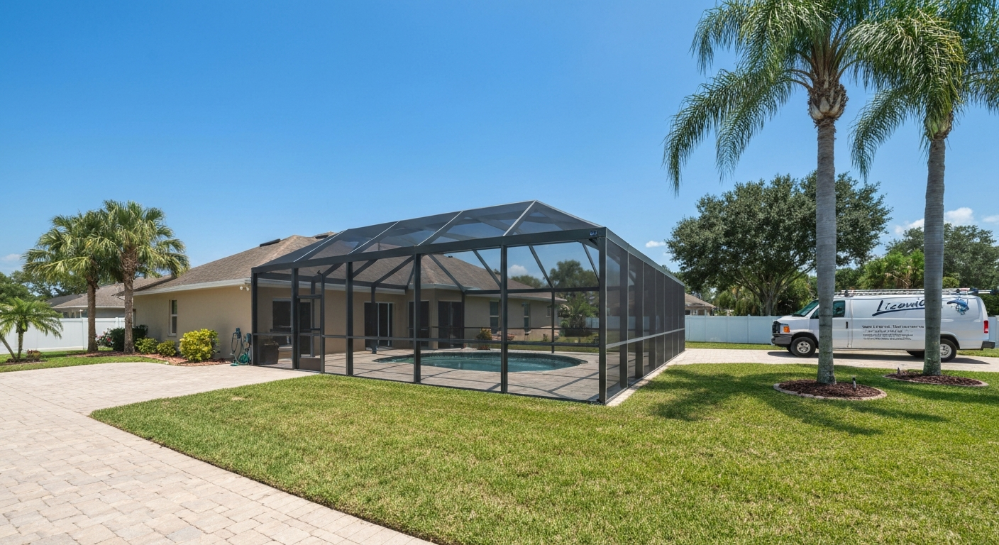 Tampa backyard with aluminum patio enclosure and pool cage, palm trees and contractor van.