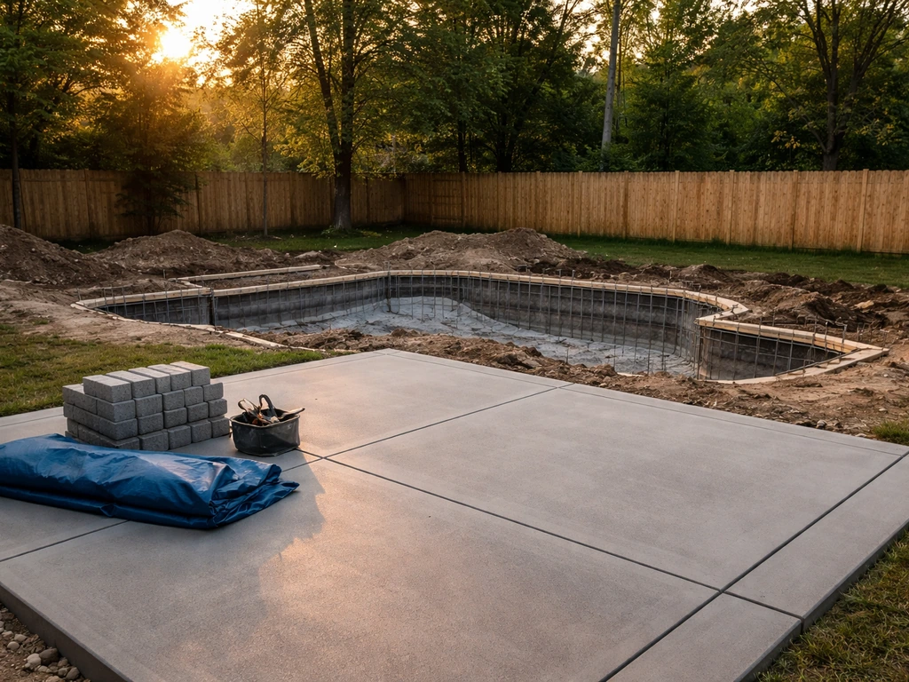 Backyard with newly poured concrete patio and an in-progress pool build in Central Indiana.
