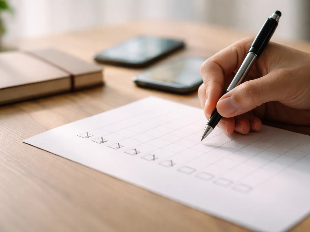Close-up of a hand marking a simple review-source checklist beside a notebook and smartphone, no text