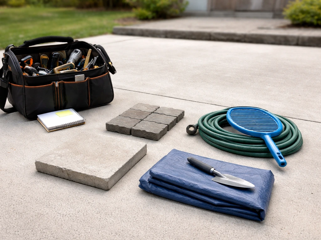 Outdoor contractor tool setup with concrete, pavers, and pool-cleaning items arranged to compare services.
