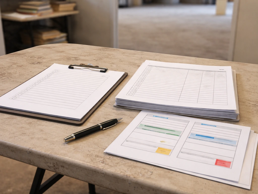Jobsite desk with an itemized estimate packet, insurance certificate placeholders, and a checklist clipboard.