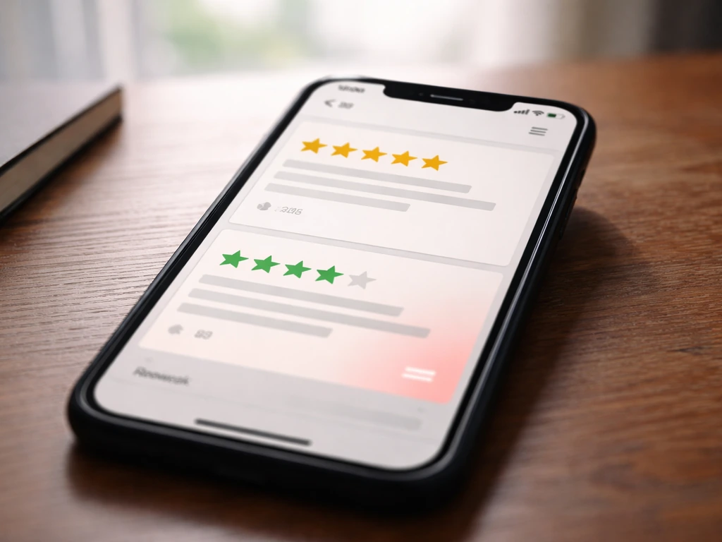 Close-up of a smartphone displaying anonymous review pages with star ratings and a highlighted consistency check area.