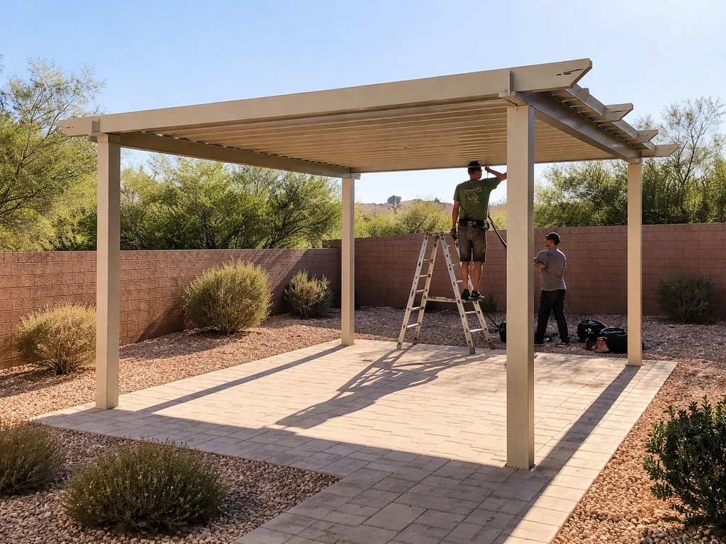 A modern patio cover installation in a Las Vegas backyard with workers securing metal beams