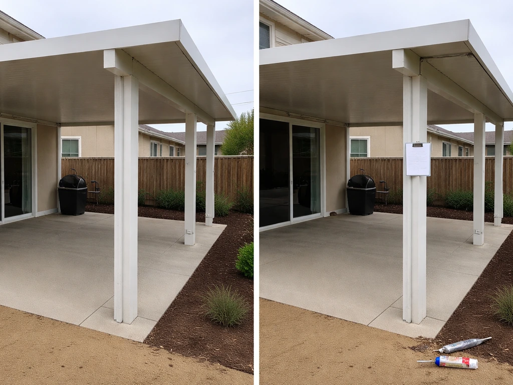 Side-by-side patio cover: left clean finished work, right shows a small alignment/paperwork issue and minor debris.