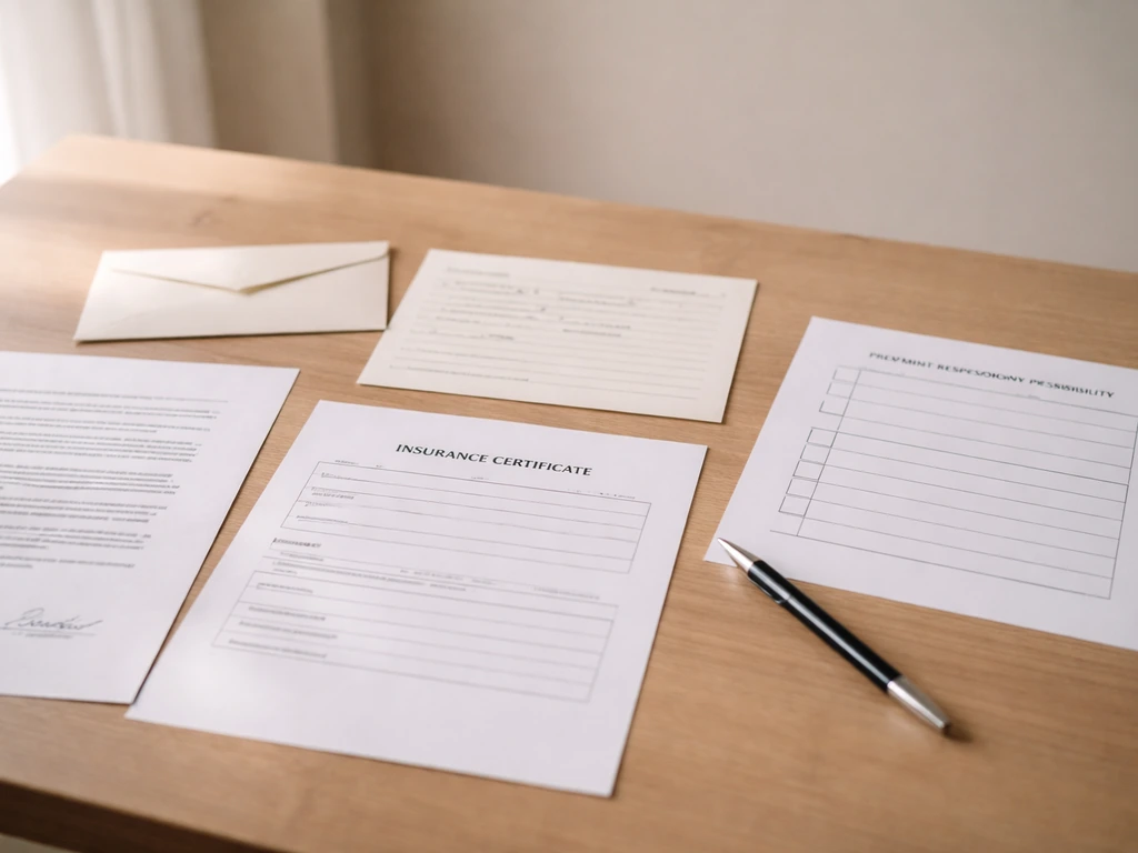 Contract papers, insurance certificate, and a permit checklist on a homeowner desk with a pen.