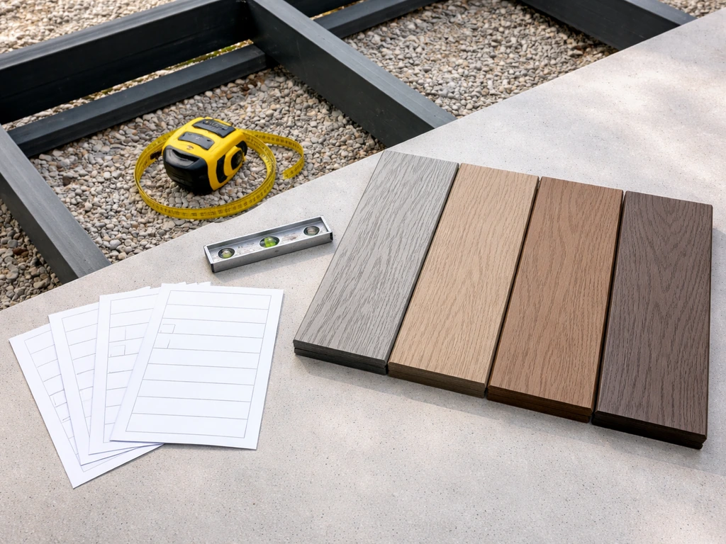 Top-down view of review cards beside composite decking boards, measuring tape, and a level on a patio frame.