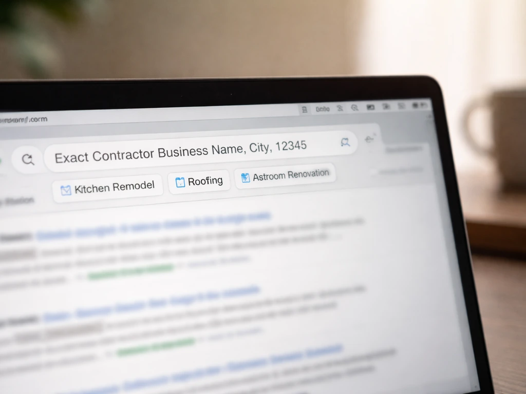 Phone photo of a laptop showing a Google-like search bar with a contractor name plus city and ZIP, minimal view.