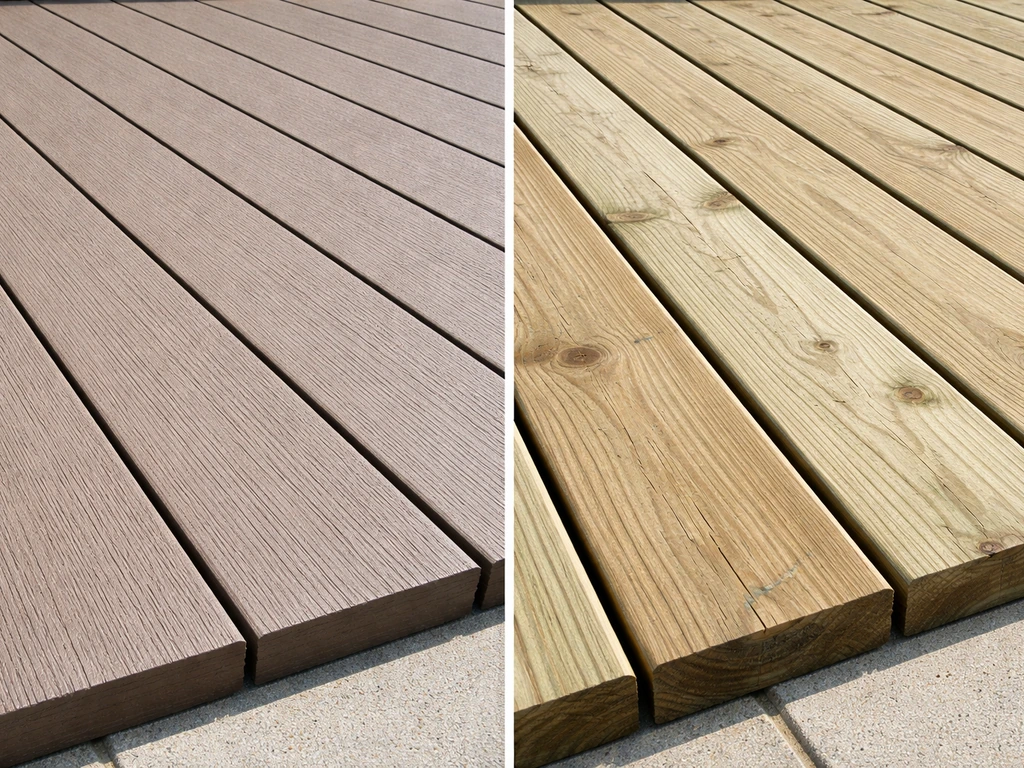 Close-up of composite decking vs pressure-treated lumber boards side by side on a patio surface.
