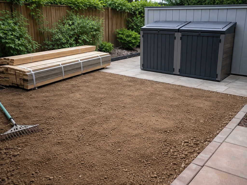 Clean patio jobsite yard with raked debris cleared, tidy trash bin area, and neatly stacked materials.