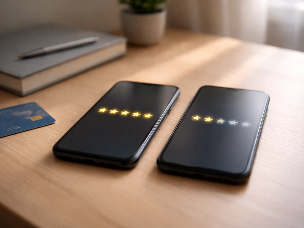 Two side-by-side phone screens with different star rating visuals to illustrate rating vs review volume.