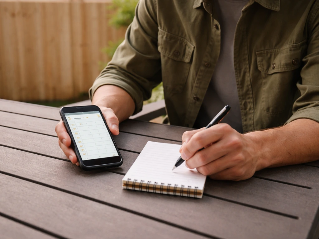 Anonymous person reviewing patio cover contract checklist on a phone outdoors