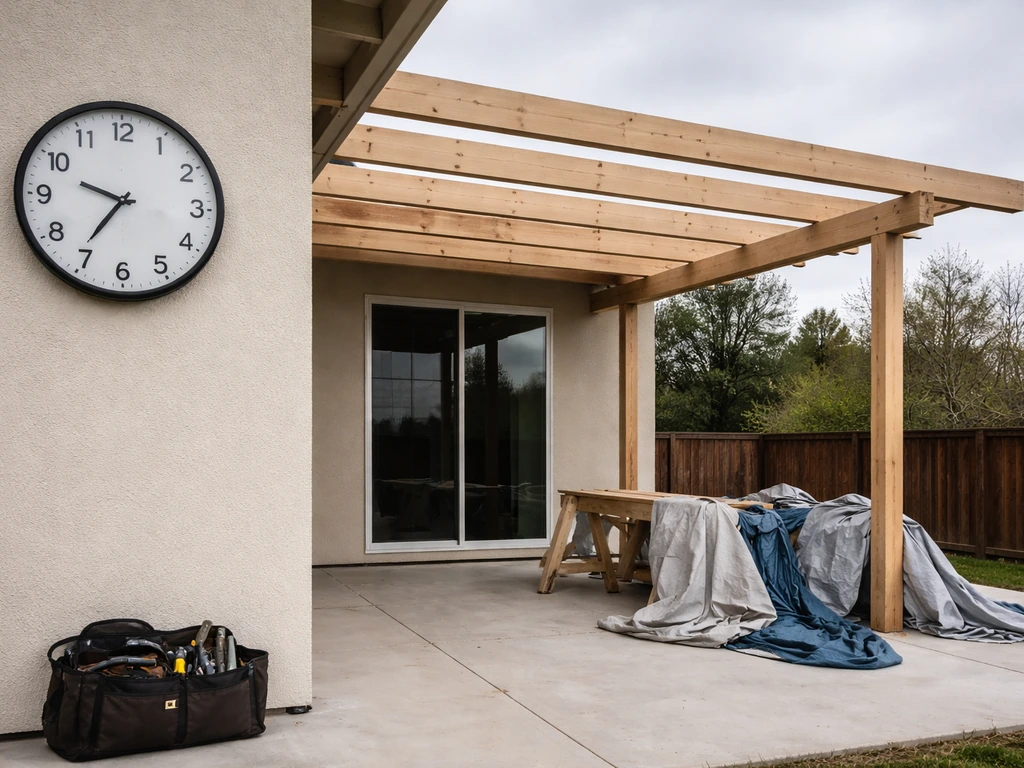 Unfinished porch with exposed framing and an analog wall clock near patio cover materials