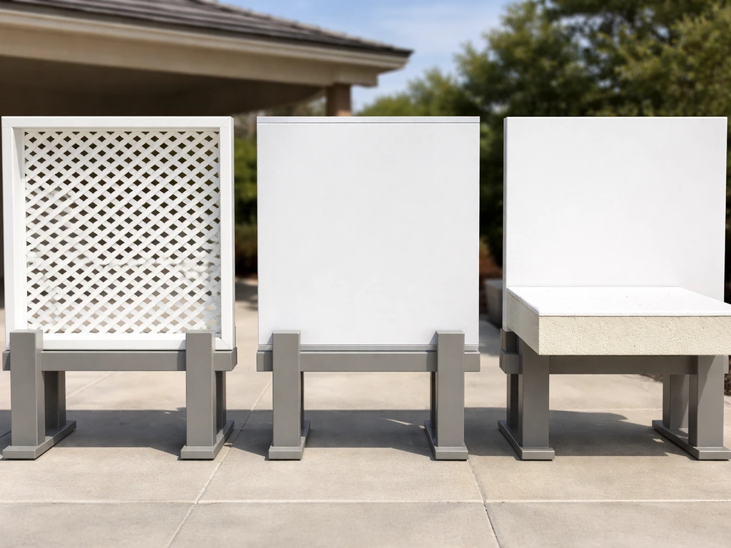 Three patio cover samples showing lattice, solid, and insulated panel styles in a clean outdoor display.