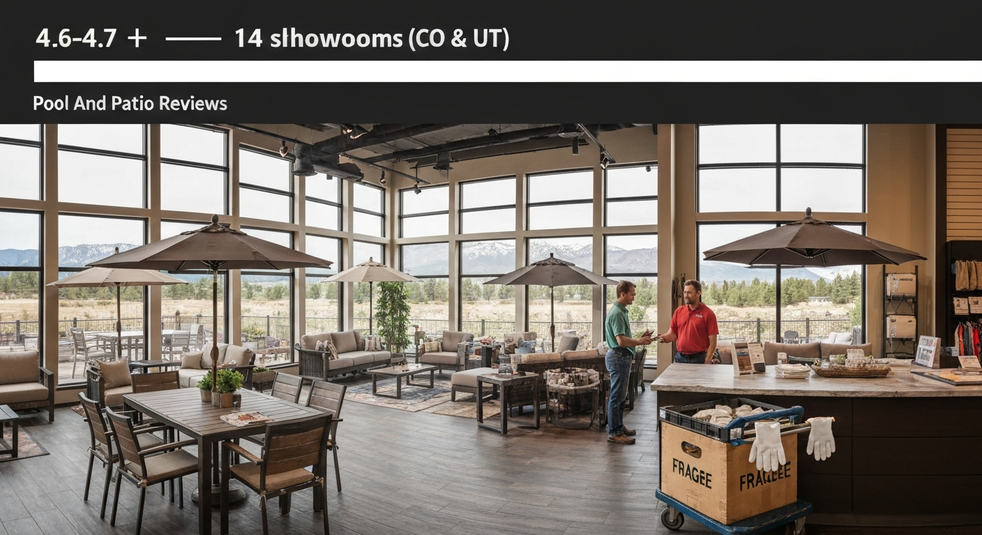 Bright patio furniture showroom with sales associate helping customers, mountain view through windows, and an overlay noting a 4.6–4.7 star rating and 14 showrooms across Colorado and Utah.