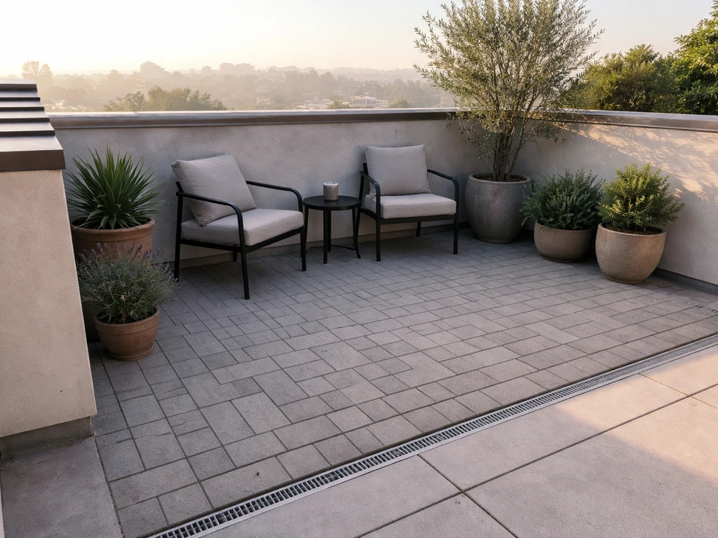 Concrete-and-paver rooftop patio with chairs and potted plants, showing construction details in natural light.