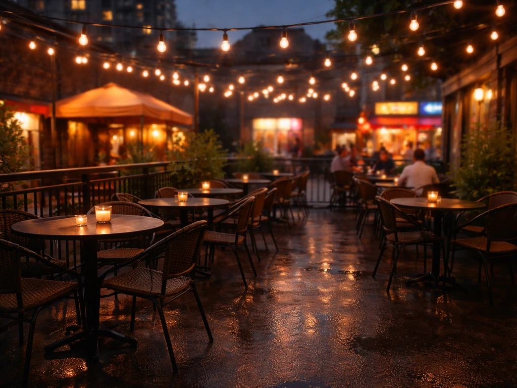 Rooftop patio dining area at night outside a Toronto Little India restaurant with warm lights