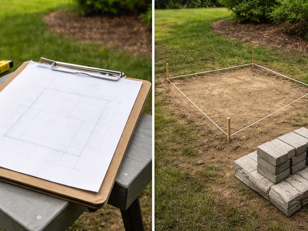 A patio dimensioned sketch beside a marked-out patio footprint on site showing a before-and-after layout