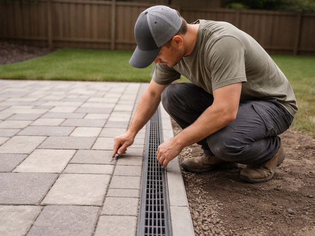 Technician kneeling at a residential patio, inspecting drainage and sand joints after installation