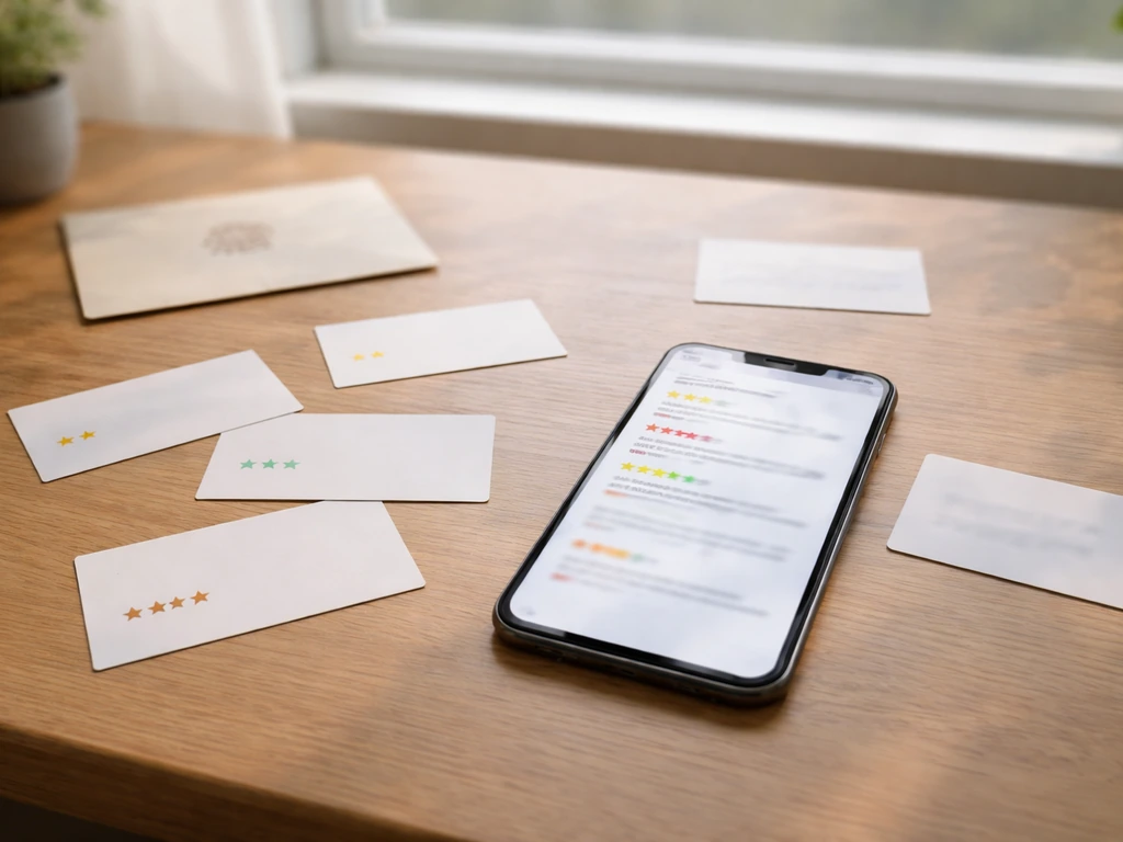 Minimal desk scene with scattered printed review cards and a smartphone showing blurred star ratings