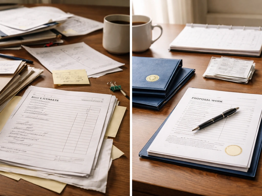 Split-screen desk scene: left shows messy, vague paperwork; right shows organized proposal, warranty, and proof folders.