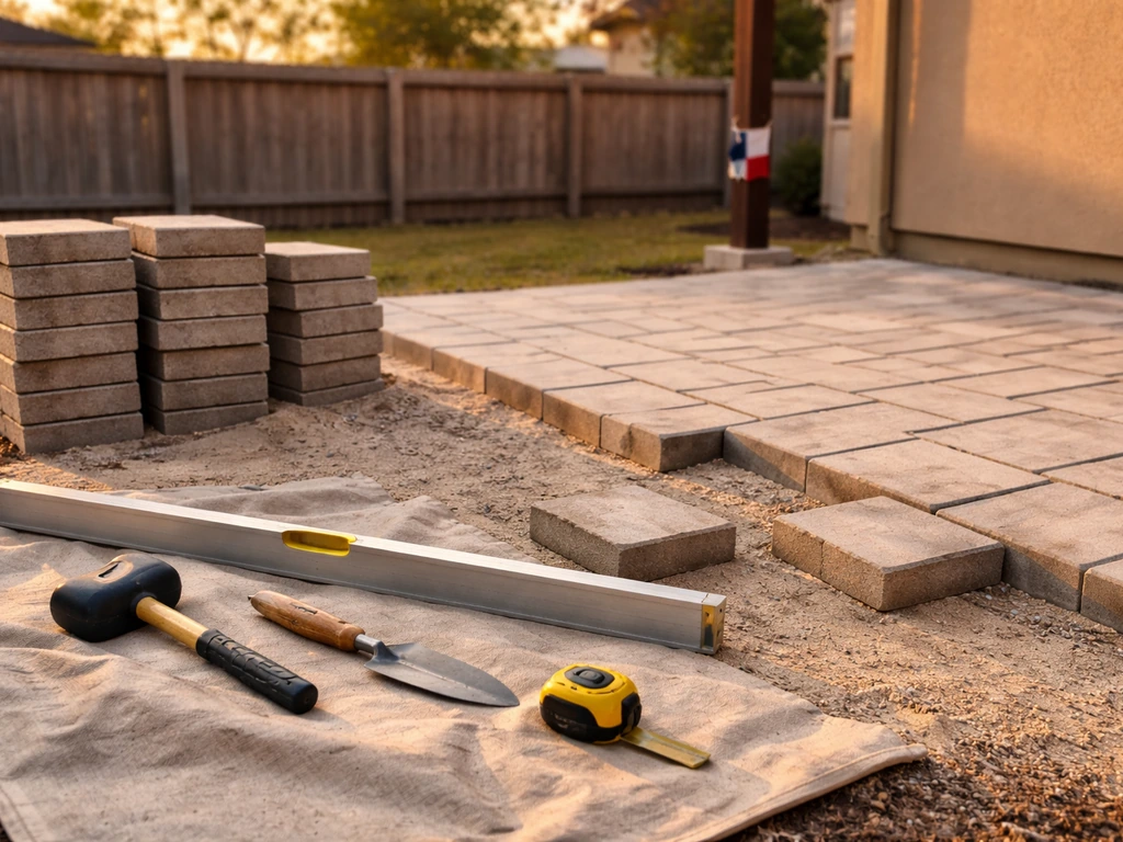 Texas-themed patio under construction with pavers and tools, showing evaluation before hiring a builder.