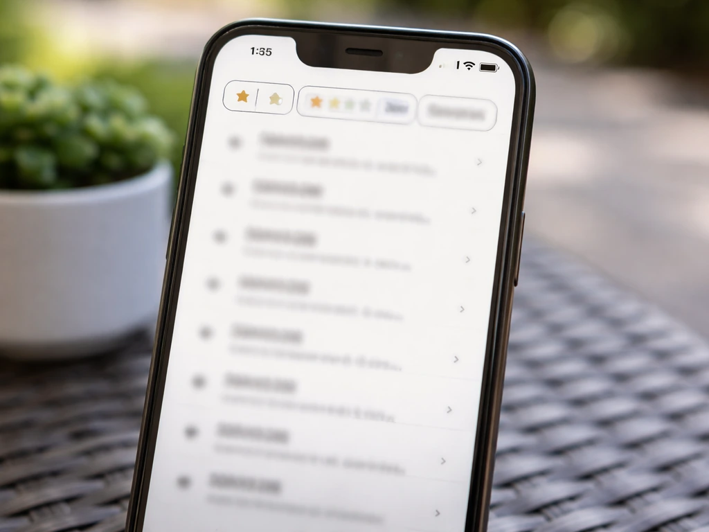 Close-up of a smartphone displaying a patio contractor reviews page with filters and dated entries.