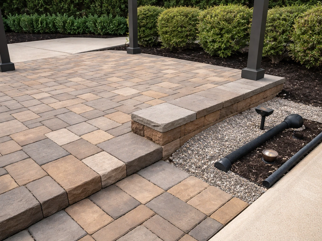 Minimal outdoor patio materials display showing pavers, steps, pergola, and outdoor lighting conduit