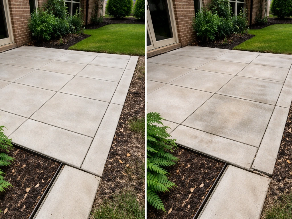 Split-view photo showing a clean patio with proper drainage alongside a patio edge with cracks and staining