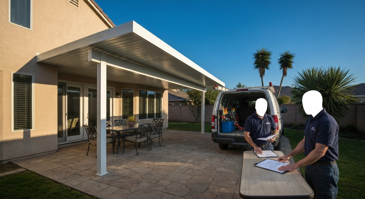 Sunny Southern California backyard with a newly installed insulated aluminum patio cover, contractors packing up, and homeowner reviewing the contract.