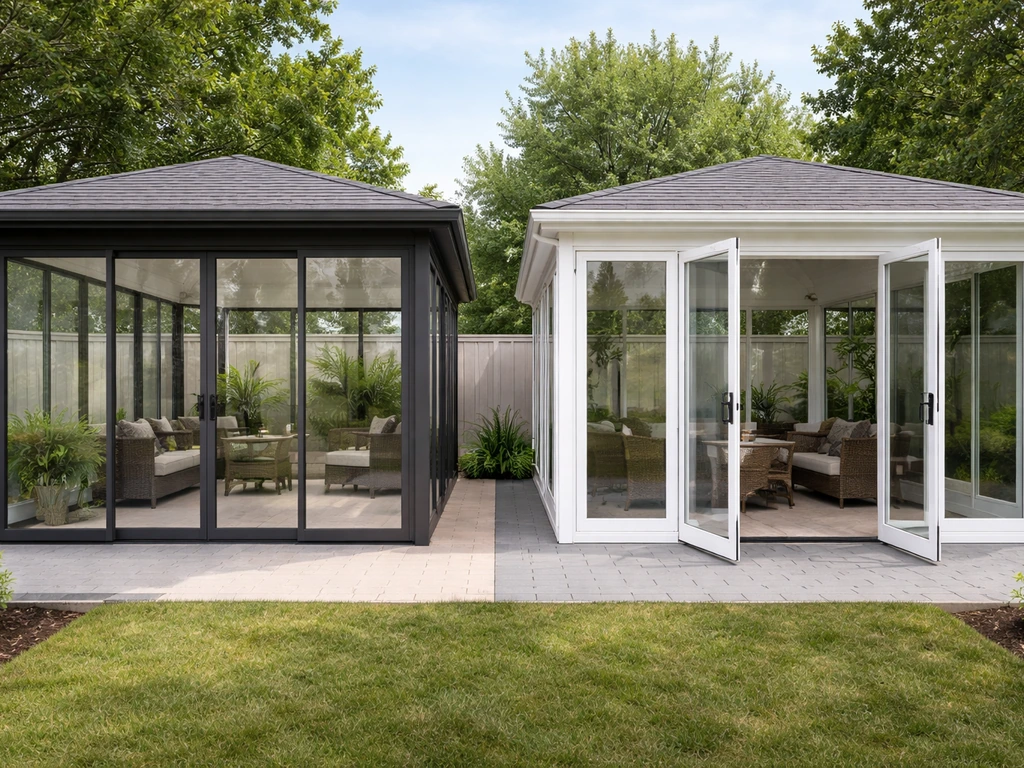 Two distinct patio room enclosure options side-by-side with clear glass panels and aluminum frames.
