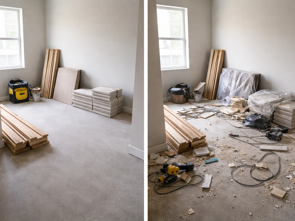 Split-scene photo showing a clean, organized worksite and a contrasting messy corner with tools scattered