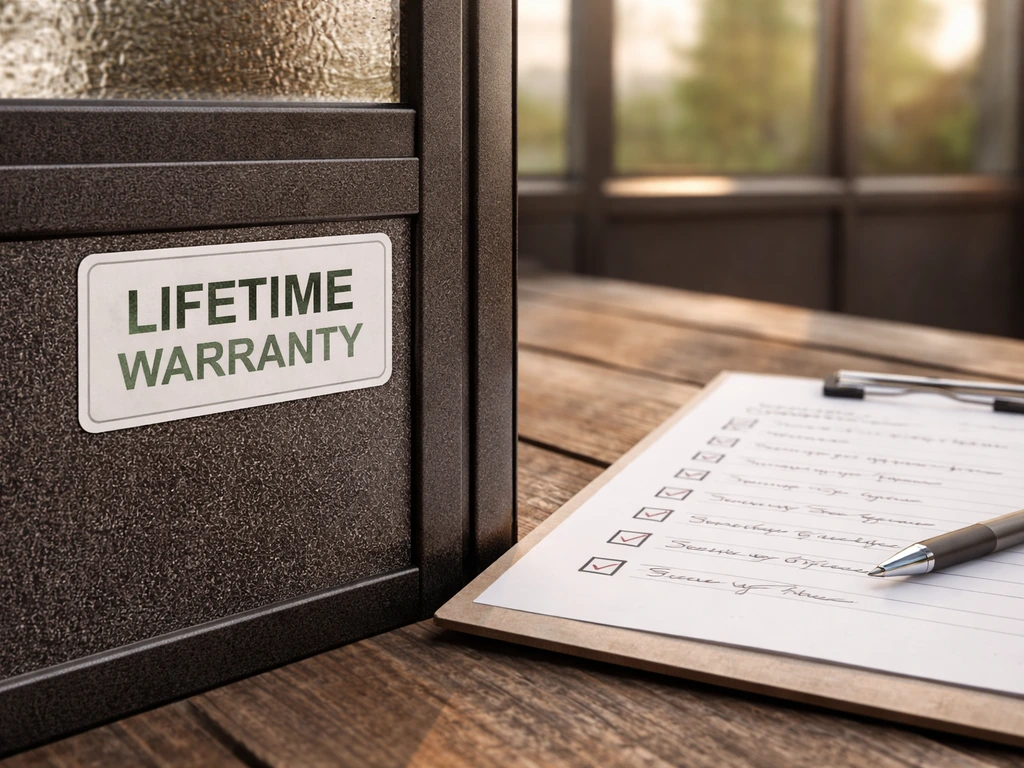 Close-up of a lifetime warranty label on a patio room component beside a service checklist form.