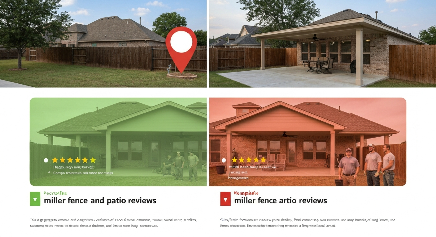 Composite photo of a Collin County backyard with a patio cover and fence plus overlaid positive and negative review cards and a small Allen, TX map pin, representing mixed reviews for a fence and patio contractor.