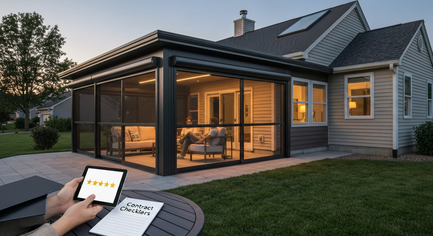 Evening view of a modern patio enclosure with retractable screens and warm LED lighting; homeowners inside review ratings on a tablet while a contract checklist lies on a table outside.