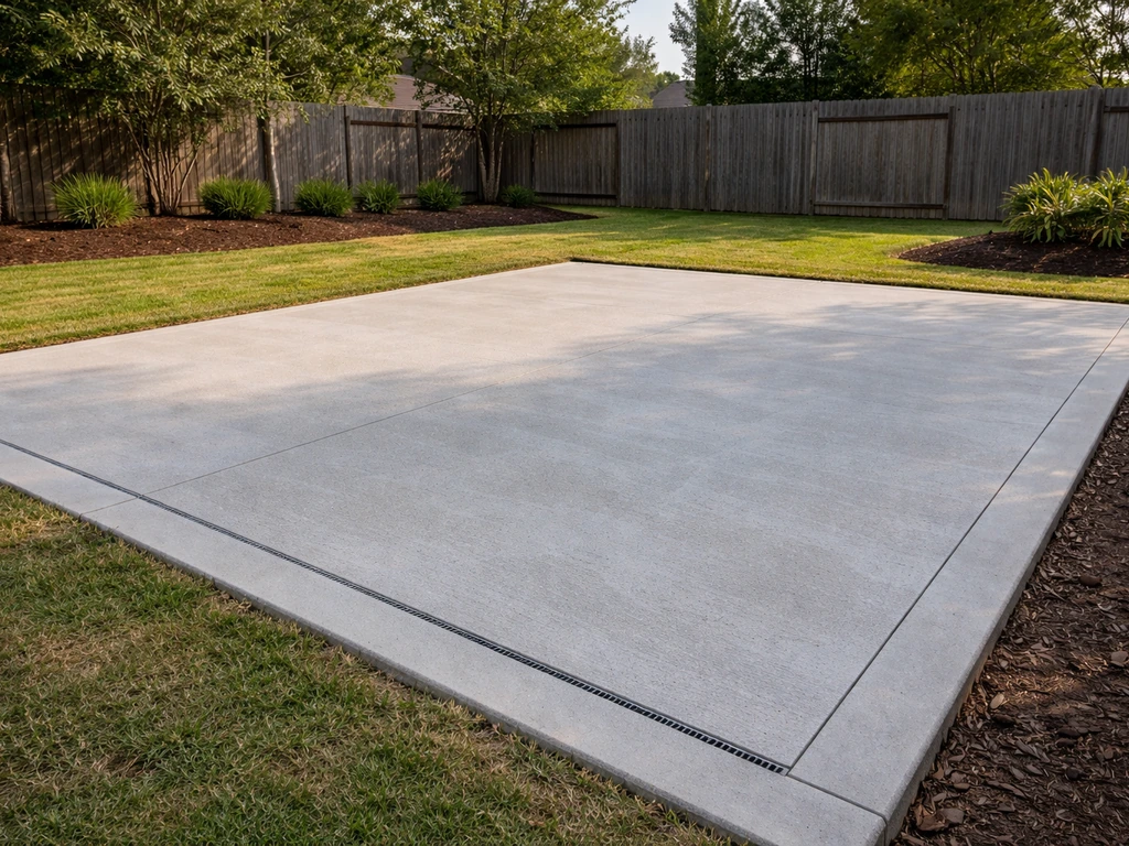 Wide view of a concrete patio in Katy, Texas showing clean edges, texture, and drainage slope.