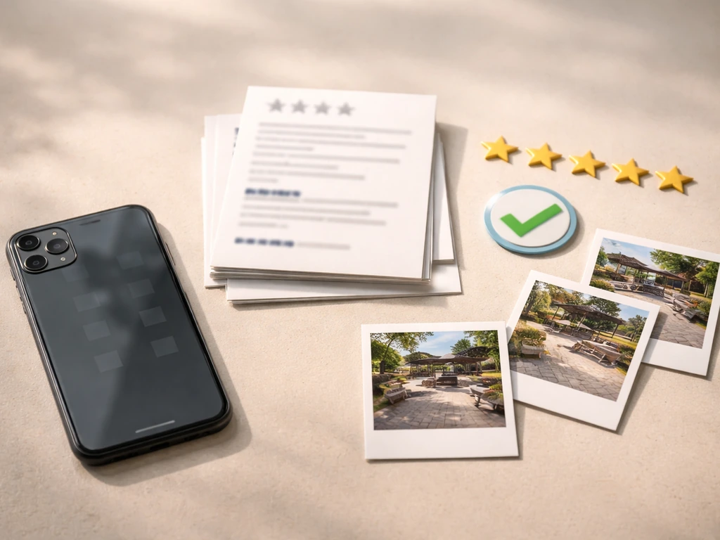 Minimal checklist-style photo scene showing patio contractor review elements like stars, dates, and verified icons