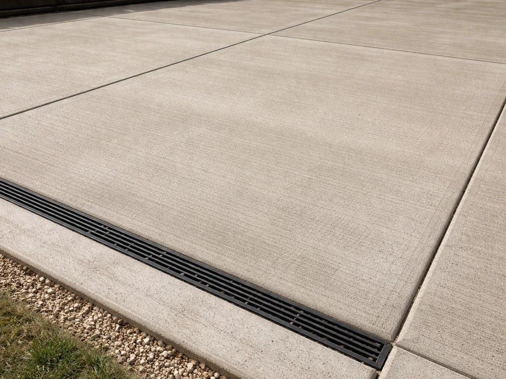 Close-up of a finished concrete patio showing smooth texture, clean edges, and aligned seams near drainage.