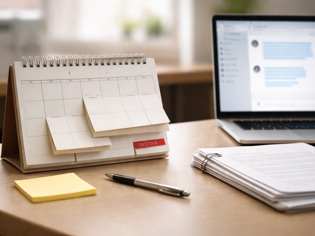 Close-up of a desk with an out-of-date project calendar and an open laptop showing an unread message thread
