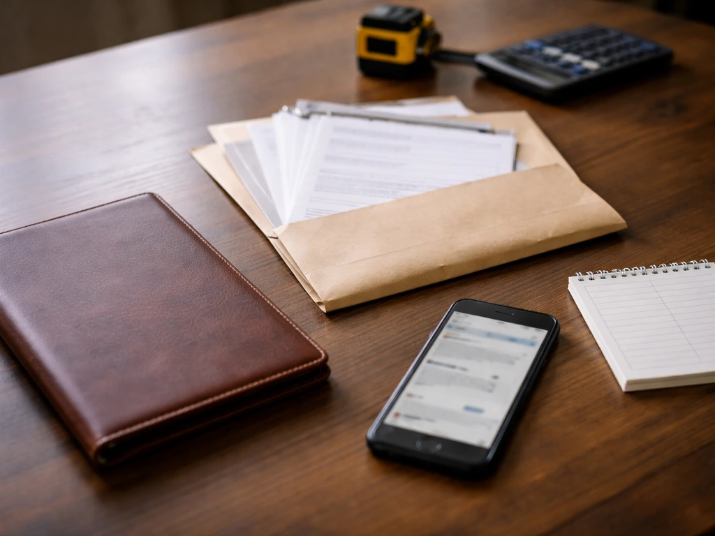 Contractor desk with documents, warranty/insurance folder, blank schedule, and phone showing communication history.