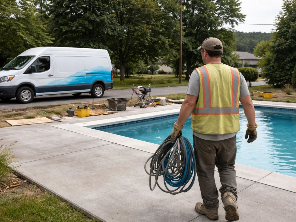 Worker near a pool patio jobsite with a branded service van in Altoona, Pennsylvania